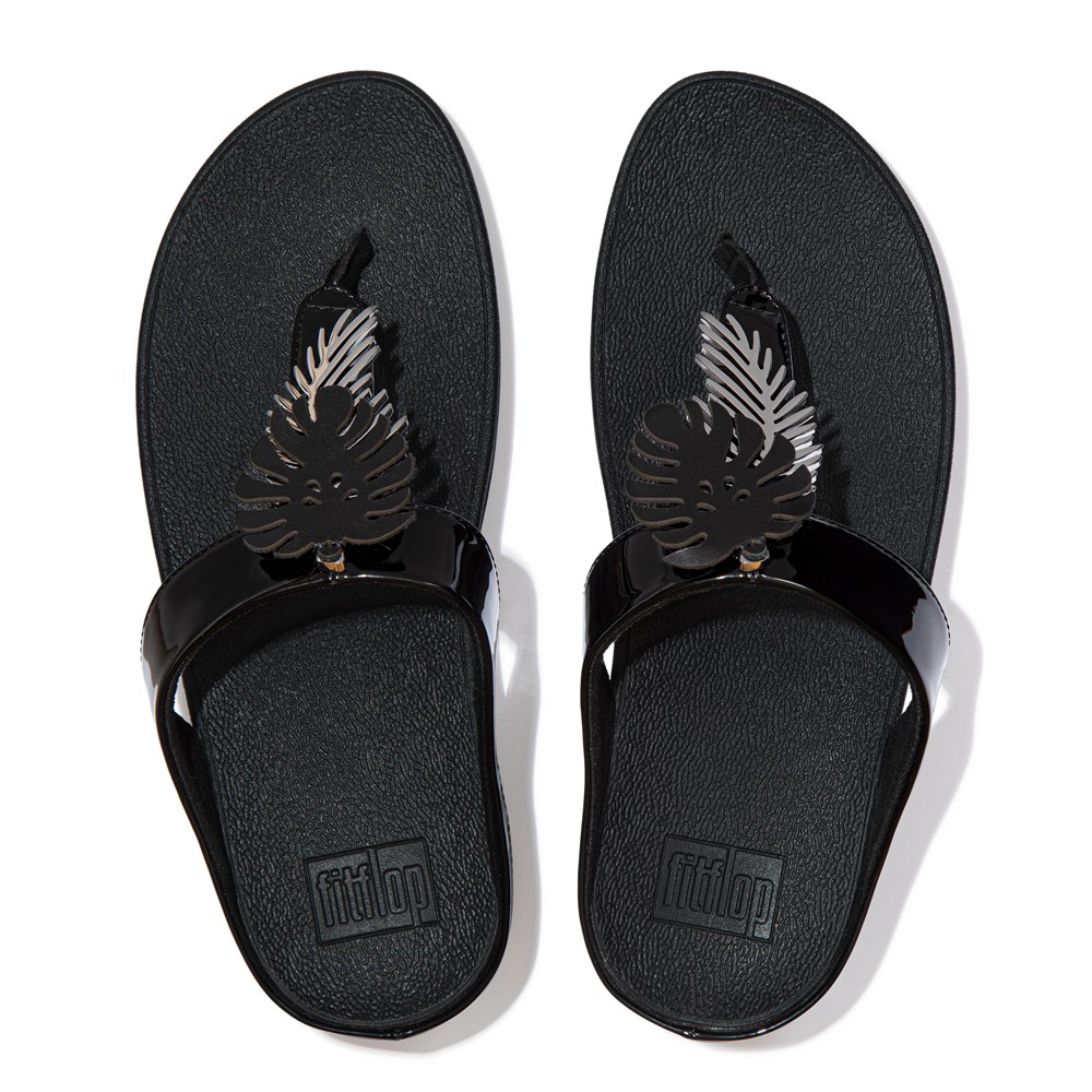 Fitflop Womens Sandals - Fino Jungle-leaf Patent Toe-post - Black - 307-RZKFLM